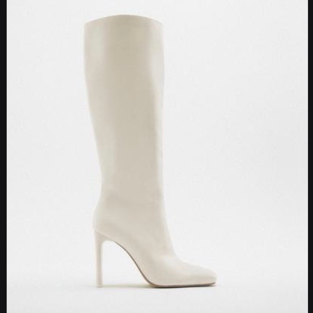 Zara White Knee-High Square-Toe Stretch Boots
